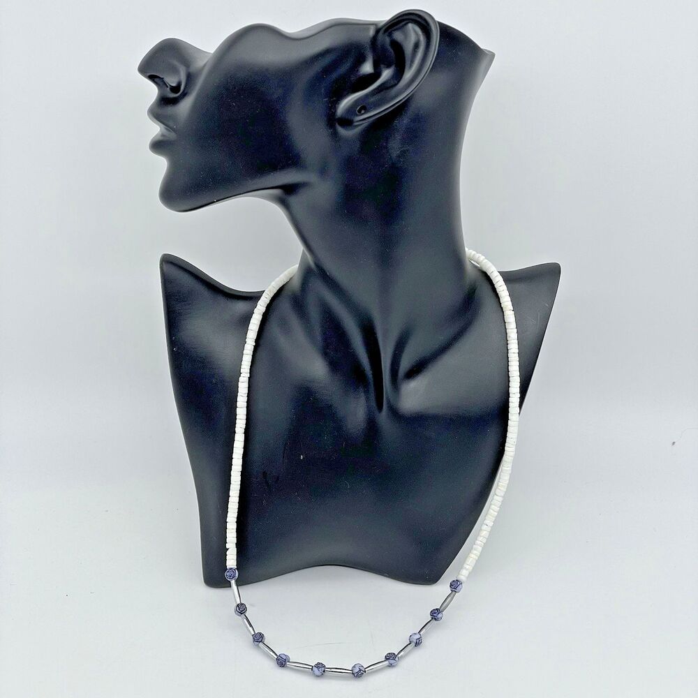 Surfer Genuine Puka Shell Necklace Silver Lavender Floral Beads Women's 22in